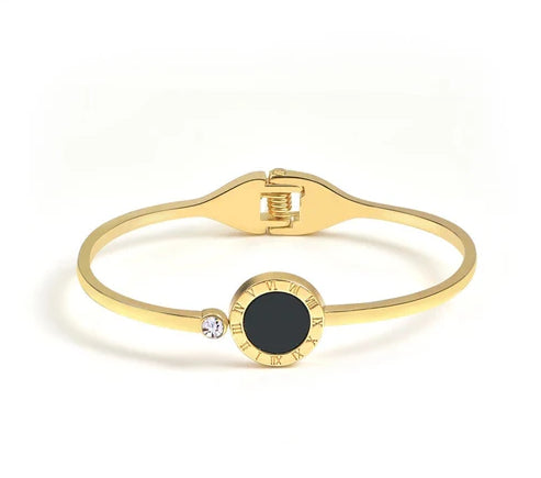 Round Clock Bracelet with Synthetic Stone – Golden Plated