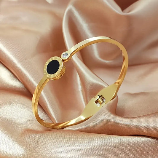 Round Clock Bracelet with Synthetic Stone – Golden Plated